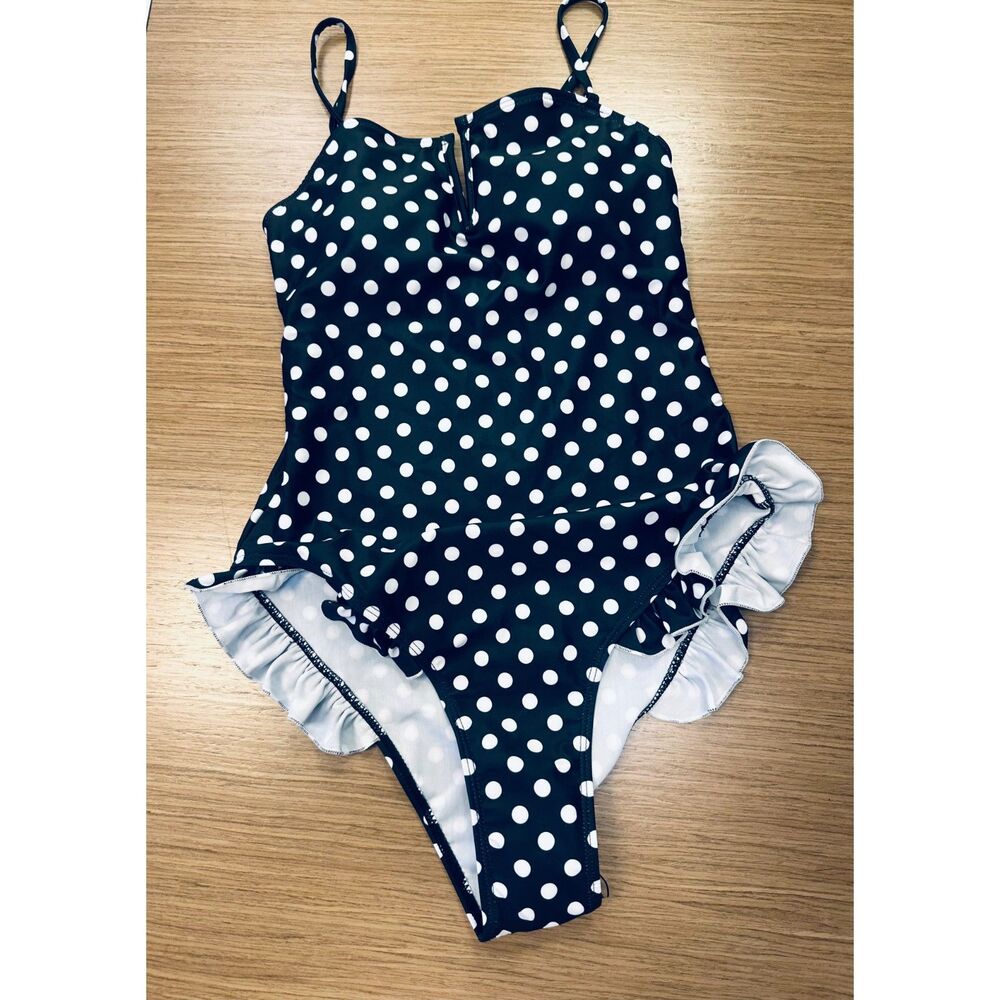 NWT Retro Inspired Flattering Push UP Ruffle Hip Polka Dots One Piece Swimsuit S